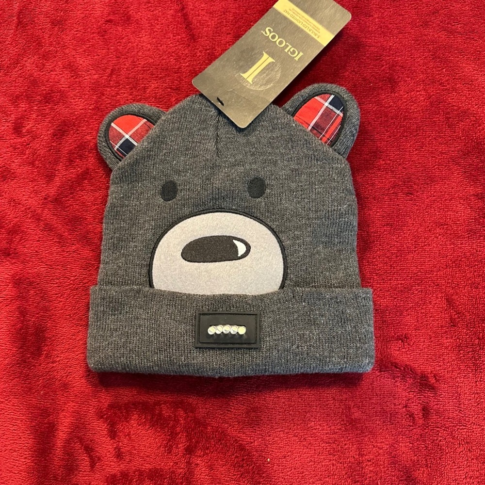 Igloos Kids LED‎ Lighted Beanie Hat Grey Bear Plaid Ears 5-Bulb KH016-MN NWT